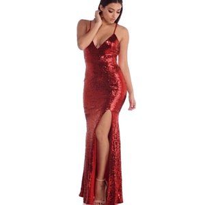 🆕 B. SMART Maxi Silhouette Front Slit Red Sequins Evening SIZE 18 W